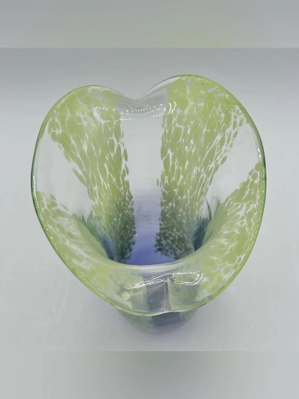 Vintage Teleflora Lime Green Blue Art Glass Vase Speckled Flared Lip Hand Blown